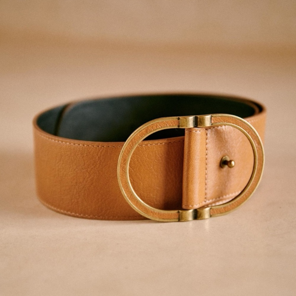 Sezane Tan Leather Belt with Gold Buckle